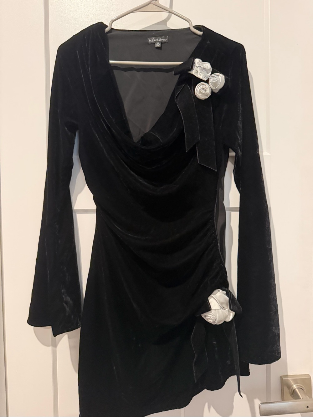 Velvet Black Floral-Appliqué Draped Mini Dress